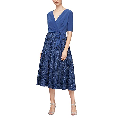 Image of Alex Evenings Women's Tea Length Dress with Rosette Detail