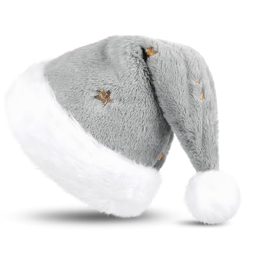 KONVINIT Grey Christmas Santa Hat,Luxury Santa Claus Hat With Sequin Star Deluxe Father Christmas Hat Deluxe Santa Hat for Men and Women for Christmas Party,grey