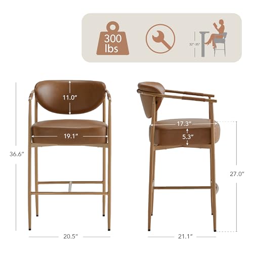 Butacos de altura para barra CHITA, juego de 2, modernos con respaldo y brazos, patas metálicas, tapizados en cuero sintético color marrón silla, altura de asiento 27 pulgadas miniatura 2