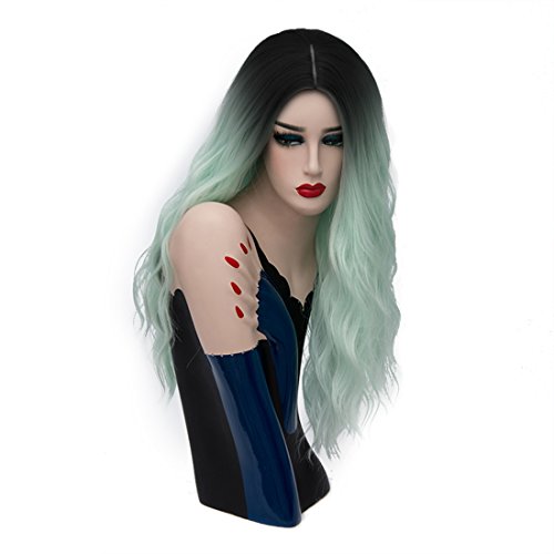 Aicos Alacos 60CM Long Wavy Curly Black Roots Ombre Synthetic Christmas Anime Cosplay Full Costumes Wigs for Women Plus Free Wig Cap (Neon Green)