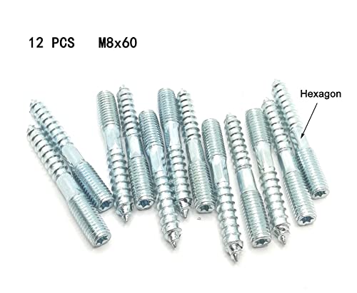 Image of Hanger Bolt M8x60 Silvery Double Headed Bolt Self-Tapping Screw with Hexagon for Furniture 12Pcs