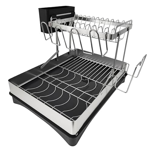 pupustar ステンレス水切りラック 2段折りたたみ 食器乾燥ラック 360度回転延長排水槽 強化支柱 キッチン収納(杯立て/まな板掛け/箸筒付き)42×30×29.5cm シルバ