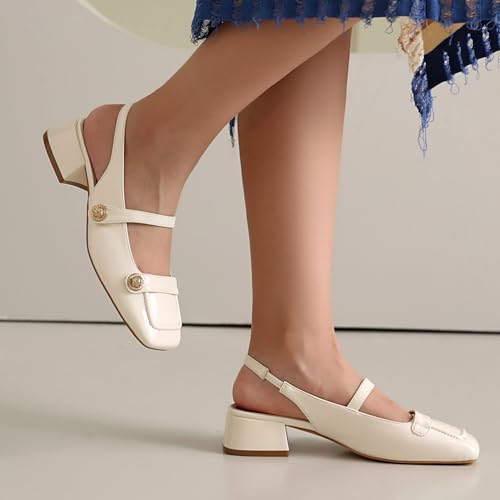 Image of Slingback Mary Jane Heels for Women Low Block Heel Closed Square Toe Pump Shoes Heels Classic Daily Office Dressy Shoes