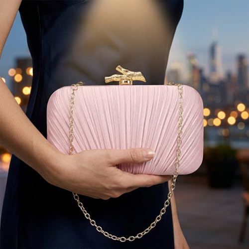 Image of MR Clutch Purses for Women Pleated Evening Clutch Wedding Purse with Chain | Pleated Satin Clutch Purse, Womens Evening Bag Shoulder Crossbody Purse Wedding Clutch for Wedding Prom Party