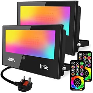 LED Floodlight Outdoor 40W 4000LM, Colour Changing Flood Lights, RGB 120 Colours and Warm White, Timing Remote Control,IP66 Waterproof UK3-Plug (2 Pack)