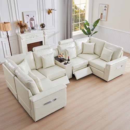Image of RARZOE Faux Leather Sectional Sofa with 2 Power Recliner, U Shaped PU Leather Couch with Storage Console Charging Cup Holders, 6 Seater Oversized Modular Reclining Couches for Living Room,Beige