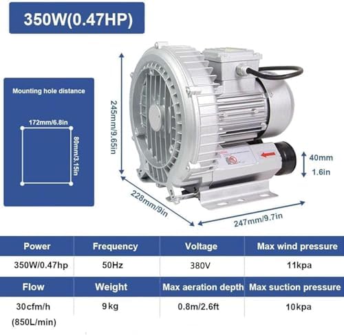 Multi-Use Regenerative Ring Pump High Pressure Vortex Blower Industrial High-Pressure Equipment，High Pressure Vortex Blower 350W 3 Phase Industrial Regenerative Fan for Aeration Dust Extract