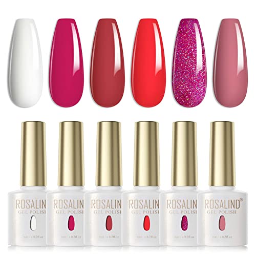 ROSALIND UV Nagellack Set, 6 Farben Weiß Neon Rosa Rot Haferflocken Glitzer Rosa Gel Nagellack für UV LED Lampe Valentinstag Nail Art