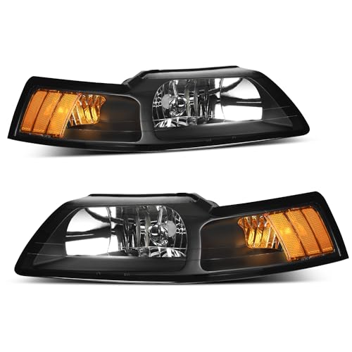 Image of OEDRO Headlight Assembly Compatible with 1999-2004 99 00 01 02 03 04 Ford Mustang, Headlamp with Amber Reflector, Black Housing Clear Lens