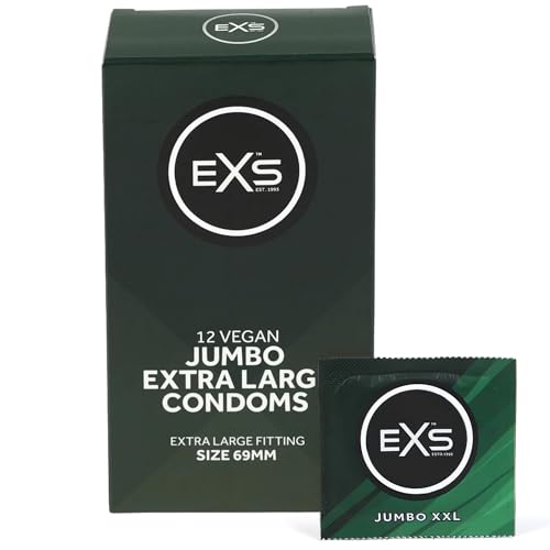 EXS Jumbo 69mm Large Condoms (12 Pack) Premium Latex XXL Condom for Men with Non-Spermicidal Lube, Straight-Walled with Teat, PETA-Approved, Vegan, 3 Year Life - CE Marked NHS Approved Male Condoms
