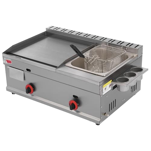 Mouhtfao Commercial Gas Griddle, Stainless Steel Deep Fryer with Independent Temperature Controller, 6L Oil Capacity, Flat Top Griddle for Restaurants, Snack Bars