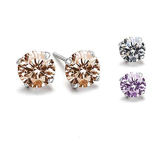 Caiery 3 Paar 8 mm runde Damen Ohrstecker 925 Sterling Silber mit funkelnden Zirkonia Damen Ohrringe,Allergenfrei Nickel Free (Weiß, Champagner, Lila) Cover