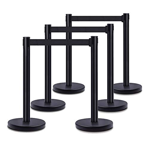 DuraSteel Crowd Control Barriers Line Dividers - Metal Stanchion Posts with 6.5ft Black Retractable Belt Ropes - for Store Queues, Airport Lines, Event Entries - 6 Set/Pack