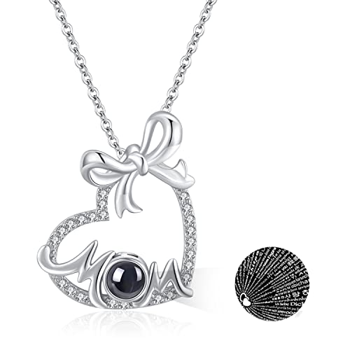 Midir&Etain Mom Necklace 925 Sterling Silver I Love You 100 Languages Projection Necklace Mom Pendant Necklace Jewelry Birthday Mother's Day Gifts for Mother Women