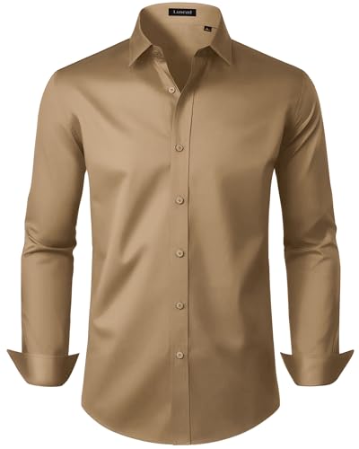 Lusead Dress Shirts for Men Tan Long Sleeve Daily Wear Stretch Wrinkle Free Casual Business Regular Fit Button Up Shirt