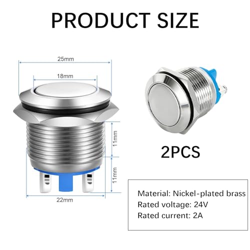 2 Stück 22mm Edelstahl Drucktaster, IP67 Taster Wasserdicht Momentaner Schalter,Momentan Schraubklemmen Klingelknopf Edelstahl für Auto, Zündanlagen,Haushaltsgeräte