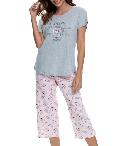 Image of ENJOYNIGHT Womens Pajama Sets Cotton Pj Set Short Sleeve Top With Capri Pants Sleepwear 2 Piece Lounge Set