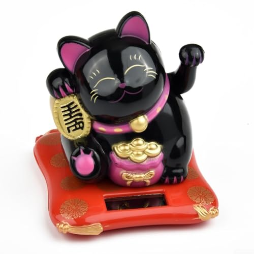 Figurine de chat porte-bonheur à énergie solaire YJDOORPLAY de 6,35 cm avec main agitée Maneki Neko, symbole japonais, pour décoration de tableau de bord de voiture, bureau à domicile (Noir)