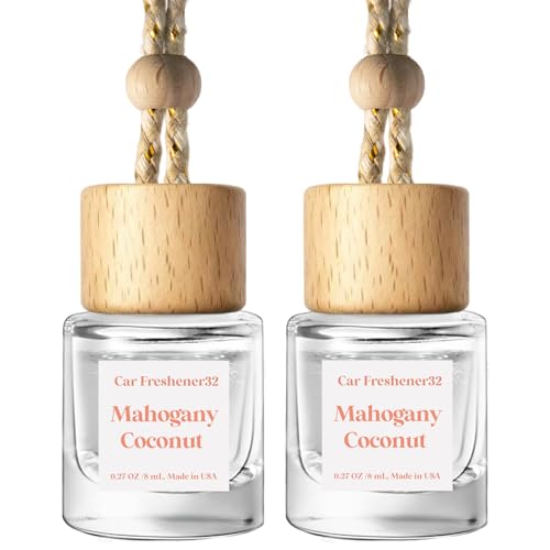 Image of C Classy Hanging Car Air Freshener 2 Pack, Mahogany Coconut Essential Oil Diffuser, Long-Lasting Fragrance, Cute Glass Bottle Car Accessories for Women & Men, Made in USA