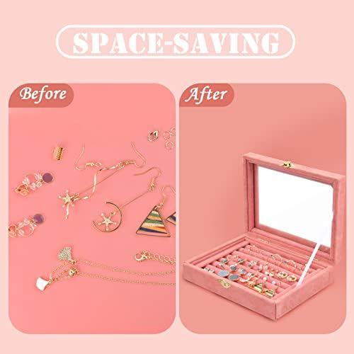 Fangehong 7 Slots Jewellery Box for Ring Earring, Velvet Jewelry Display Tray, Jewelry Storage Case Organiser with Clear Glass Lid for Women Girls Stud Earring Holder (15x20cm, Pink)