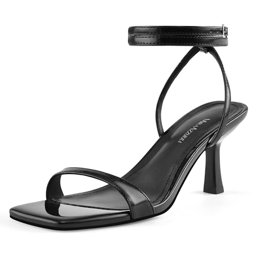 MIRAAZZURRA Black Kitten Heel Sandals Square Open Toe Strappy Ankle Strap Heeled Sandals Low Heel Party Wedding Shoes Black Size 6.5