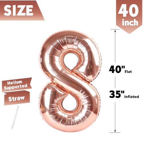 Image of 40 In Rose Gold Number 8 Balloon, 8th Birthday Party Decorations for Women | 40 Inch Rose Gold inflatable foil number balloons, large birthday decorations for 8th birthday