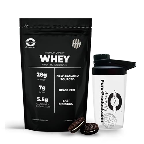 Pure Product Australia Whey Protein Isolate Powder Cookies & Cream 2 kilograms with Glass Shaker