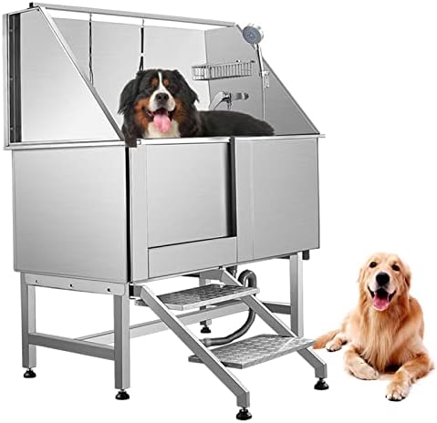 WSSEY Dog Grooming Tub 50'' Dog Bathtub XLarge Pet Bathing Tub Stainless Steel Dog Wash Station for Large Dogs Home Commercial with Floor Grate, Faucet, Sliding Door