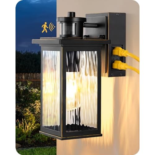 EDISHINE Outdoor Wall Light with GFCI Outlet, Motion Sensor Exterior Lighting Fixture with Water Ripple Glass, Waterproof Dusk to Dawn Outdoor Wall Sconce for Porch Front Door Garage Patio C