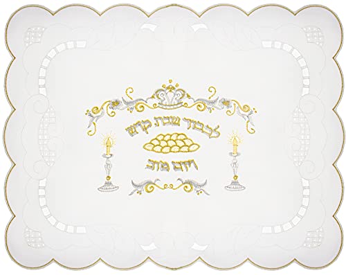 White satin challah cover for shabbat bread with 2 shabbat candle…