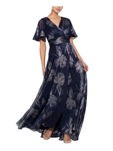 Betsy & Adam Women's V Neck Flutter Sleeve Metallic Print Flowy Dress