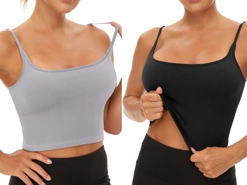 Image of Chilylori Seamless Sports Bra Cropped Tank Top with Adjustable Strap 2 Pack | Workout Tops Ribbed Sports Bra for Women Wireless Longline Crop Tank Padded Comfortable Brami