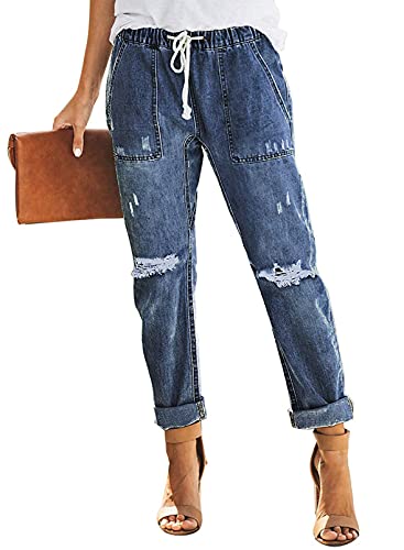Dokotoo Women's Casual Ripped Distressed Denim Joggers Elastic Drawstring Tie High Waist Boyfriend Jeans Pants For Women X-Large Blue #TOP15