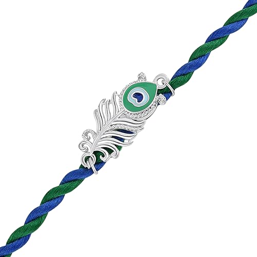 Image of Mahi Peacock-Feather-Theme Rakhi for Brother | Krishna Mor Pankh Design on Blue-Green Braided Thread Rakhi for Brother, Bhaiya, Bhai (PARA1100839PR)