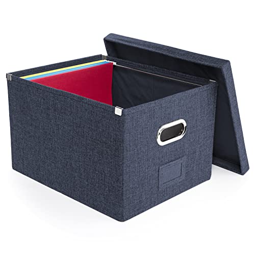 Alfion File Box For Hanging Files With Lid 2-Pack | Portable Office File Organizer Storage Box With Handles In Sturdy Mdf Board And Linen Fabric With Metal Filing Frame For Letter Size Folders (Blue) #TOP2