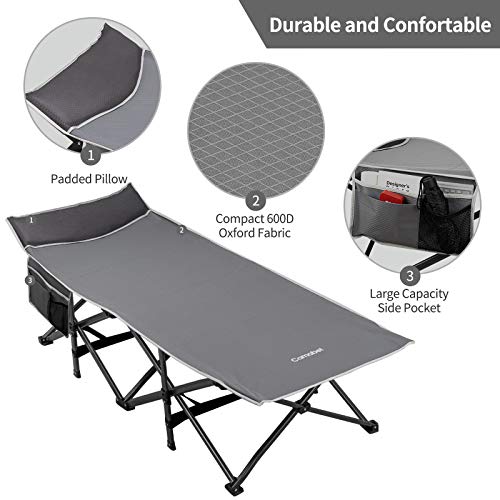 Camabel Folding Camping Cots For Adults Heavy Duty 79”X31” Extra Wide Potable Sleeping Cots For Adults Supports 400 Lbs Cot Bed For Backpacking Travel Beach Office With Side Pocket And Carry Bag Grey #TOP3