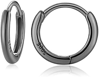 925 Sterling Silver Small Hoop Earrings for Women Men Girls 12mm Round Circle Sleeper Huggie Hinged Cartilage Hoops Earrings, Silver/Gold/Black