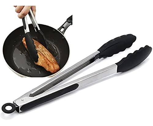 Pegador Pinça Silicone 25cm Salada Churrasco Inox Fritura Preto