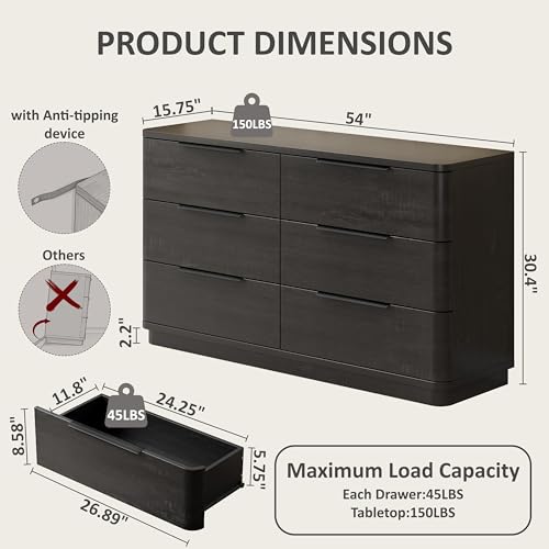Image of 6 Drawer Dresser for Bedroom, 54 inch Wide Modern Chest of Drawers with Metal Handle, Curved Profile Design, Wooden Black Dresser Closet Clothes Storage TV Stand for Living Room, Hallway