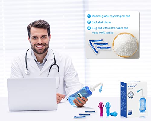 Maoever Neti Pot Sinus Rinse Bottle Nose Wash Cleaner Pressure Rinse Nasal Irrigation For Adult & Kid Bpa Free 300 Ml With 30 Nasal Wash Salt Packets And Sticker Thermometer(Blue) #TOP1