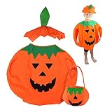 Kinder Kürbis Kostüm, Kürbis Umhang mit Hut Mütze, Halloween Kostüm mit Tasche, Kürbis Faschingskostüme, Kürbis Karnevalskostüm für Kinder, Jungen, Mädchen