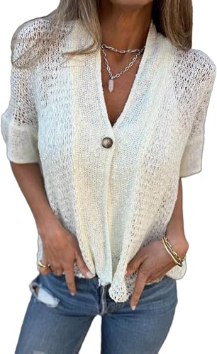 Hollow V-Neck Single Button Loose Short Sleeves, Cardigan Lightweight Button Down for Women V Neck Loose Knit