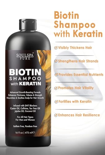 Image of SOULSPA PURE Biotin Shampoo with Keratin - Advanced Anti-Thinning, Hair Growth & Repair Formula - Soothes Scalp, with Tea Tree Oil & DHT Blockers - Strong, Healthy Hair for Men & Women - 16 fl oz