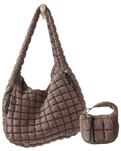 Image of Large Quilted Puffer Tote Bag for Women with Mini Pouch Puffy Crossbody Bags Purse Hobo Puff Shoulder Carryall Gym Travel