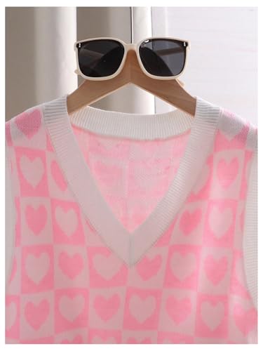 SweatyRocks Girl's Heart Print Sweater Vest V Neck Sleeveless Pullover Knitwear Tops4
