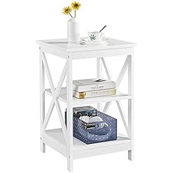 Yaheetech Mesita de Noche de 3 Niveles, Madera Lacada Mesa Auxiliar Vintage para Salon Sofa Blanca Satinada, Pata de Pino 40x40x61cm