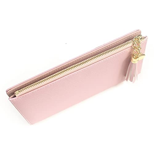 SUMGOGO Wallets for Women Slim Clutch Purse Handbag Card Holder Womens Long Tassel Zipper Pocket Fashion Taiga Leather Billfold Wallet (Pink)2