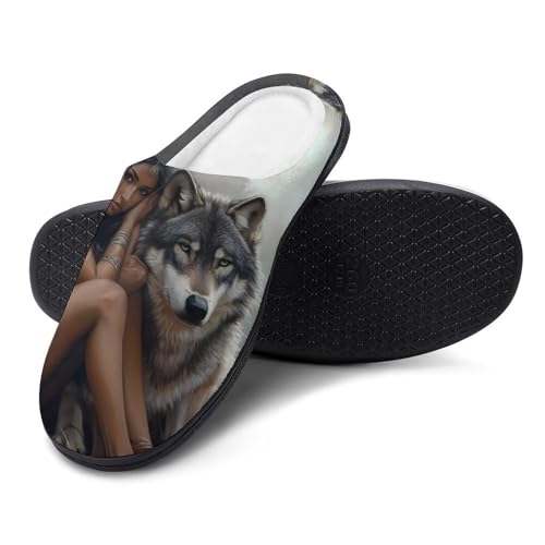Indian Maiden And Wolf Native Am-erican Womens Cotton Slippers Warm House Shoes for Indoor Outdoor4