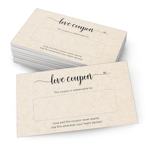 321Done Love Coupons, Made in USA - 3.5x6 Tan, DIY Blank Coupon Cards for Husband, Wife, Couples, Date Night Ideas, Romantic Gift Vouchers for Valentine's, Anniversary, Birthday, Wedding - Pack of 24