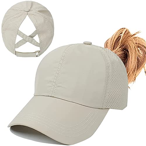 Enwokran Gorra de Béisbol para Mujer con Cola, Ajustable Plegable Malla Transpirable, Gorra Deporte Secado Rápido Impermeable Deportes al Aire Libre Gorro (Caqui)